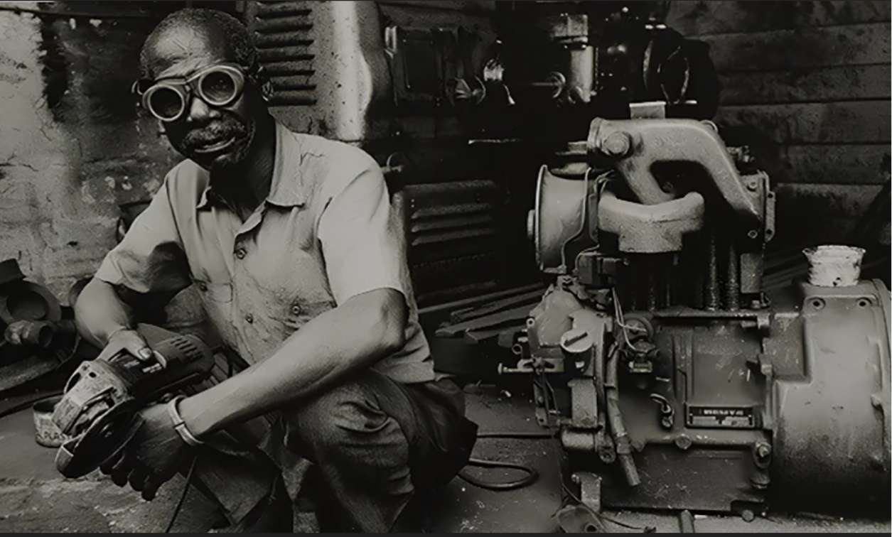 ouvrier métallurgique assis avec des lunettes de soudeur et un moteur à côté